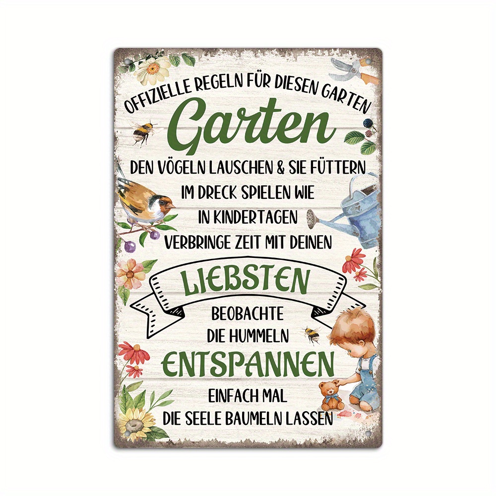 Image of Putuo Decor 1pc German Vintage Metal Sign, Official Rules For This Garden: Listen To The Birds And Like In Childhood, Wall Art Decor For Home Farmhouse Garden, Gift.