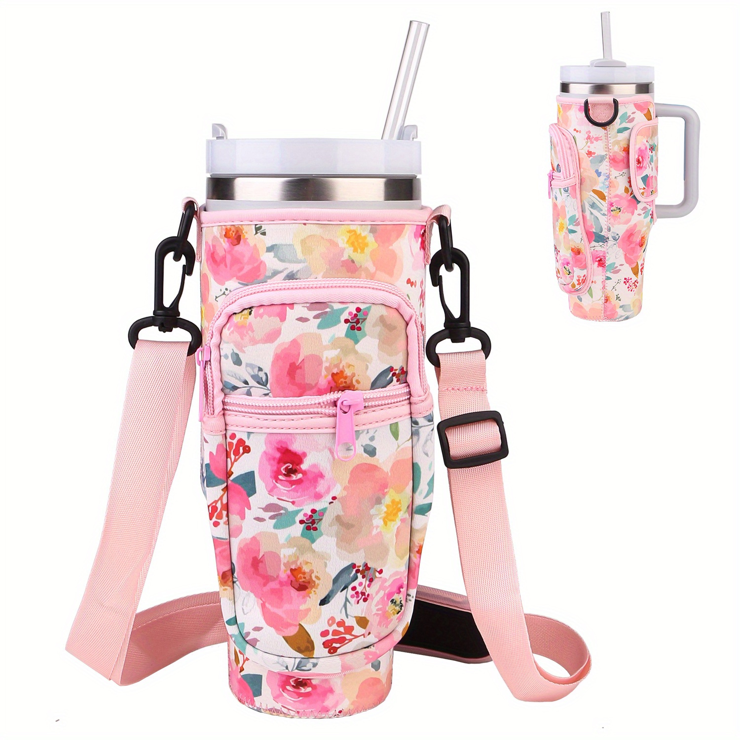 

Chic Pink Floral Insulated Water Bottle Carrier For 40oz - Nylon With Phone Pocket & Adjustable Strap, Hiking & Camping