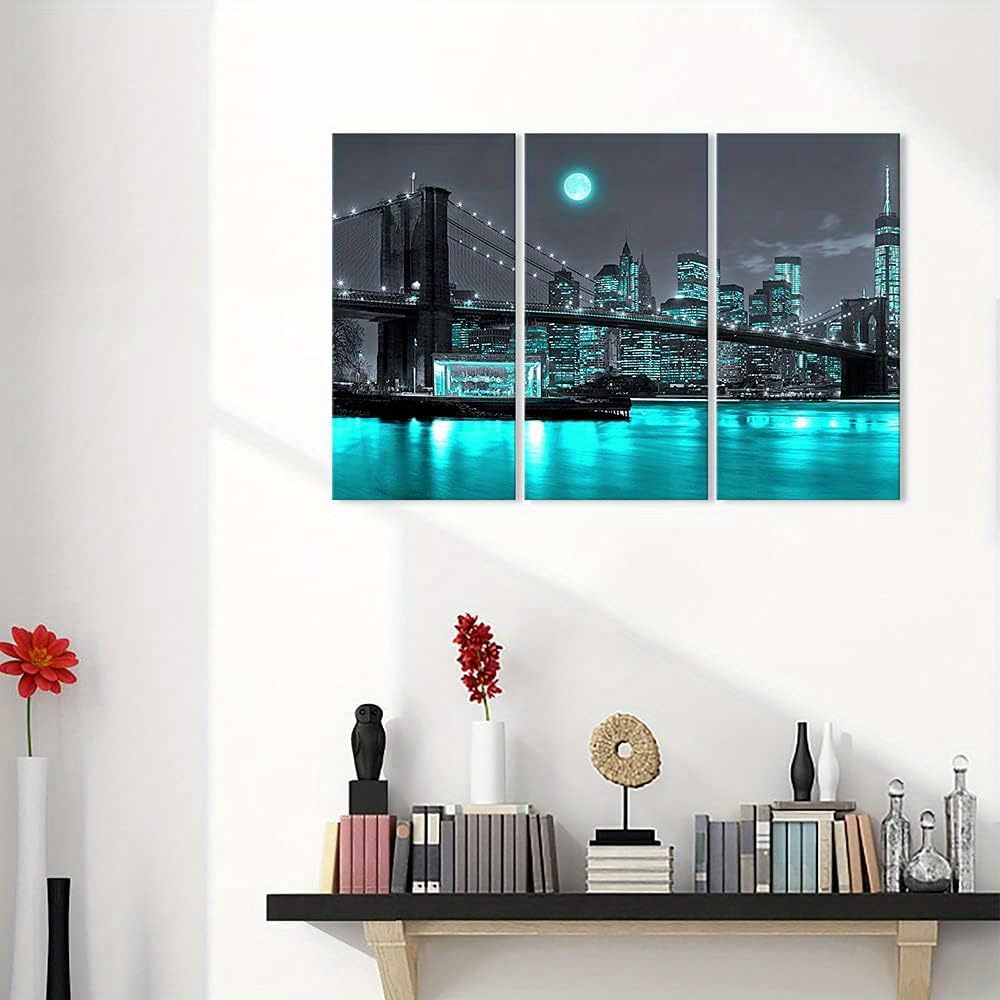 

3pcs 3 Pieces Black And Teal Brooklyn Bridge Canvas Wall Art New York City Under Manhattan Cityscape Night Scene Artwork Print Framed Modern Home Office Decor Wrapped Canvas