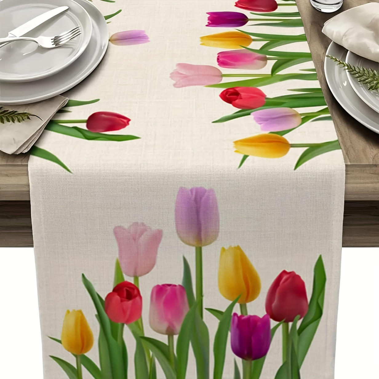 Image of ( ) 1pc Multicolor Tulip Floral Print Table Runner, Spring Theme , 13x72 Inch, For Farmhouse, Indoor, Kitchen, Anniversary, Table Decor, Home Goods