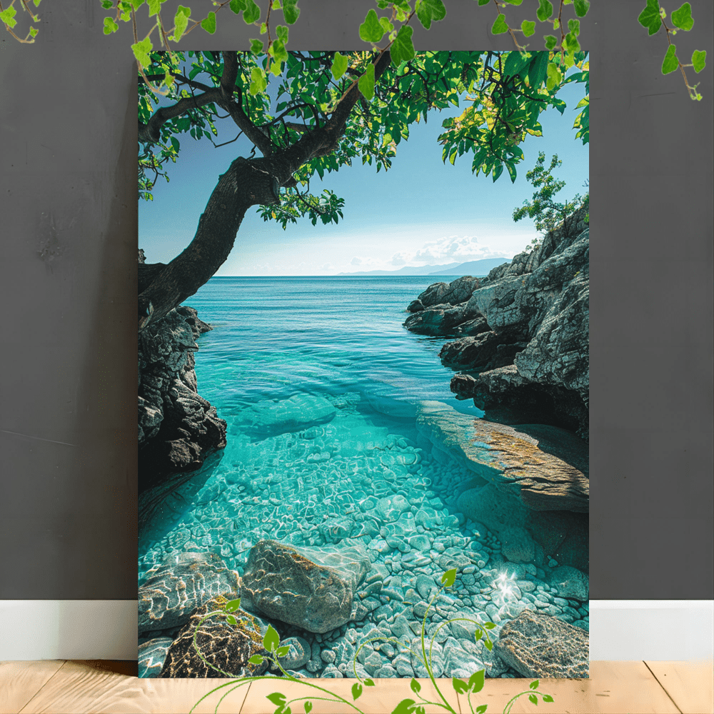 

1pc Wooden Frame Canvas Painting Art Printing, Corridor Home Living Room Decoration Suspense Green Ocean, Coast, Clear Sea Water, Trees, Tranquility