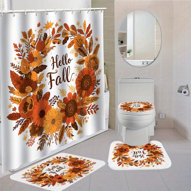 

Hello Fall Waterproof Polyester Shower Curtain Set With Hooks, Non-slip Bath Mat, Toilet Lid Cover, And Bathroom Rug - Woven, Water-resistant Fashion Print With Autumn Theme, Dry Clean Only