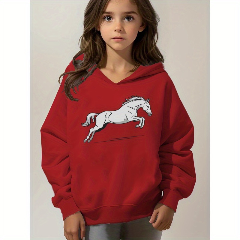 

White Horse Graphic Print, Girl's Fashion Comfy Long Sleeve Round Neck Pullover Hoodie For Autumn And Winter