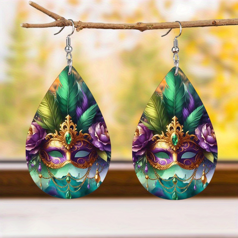 

1 Pair Mardi Gras Carnival Style Faux Leather Teardrop Earrings With Colorful Mask And Peacock Feather Design For Women - Trendy Fashion Jewelry Accessory, Ideal For Festive Occasions