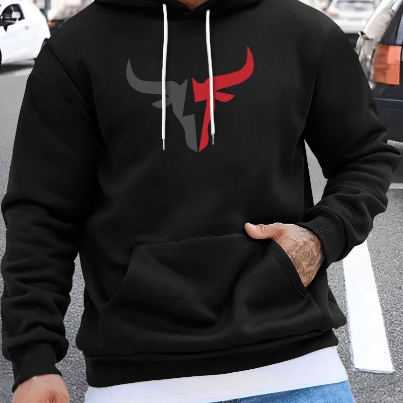 

Fashionable Dual Color Bull Pattern Men's Hoodie, Men's Casual Sports Pullover Hooded Sweatshirt, Men's Outfits