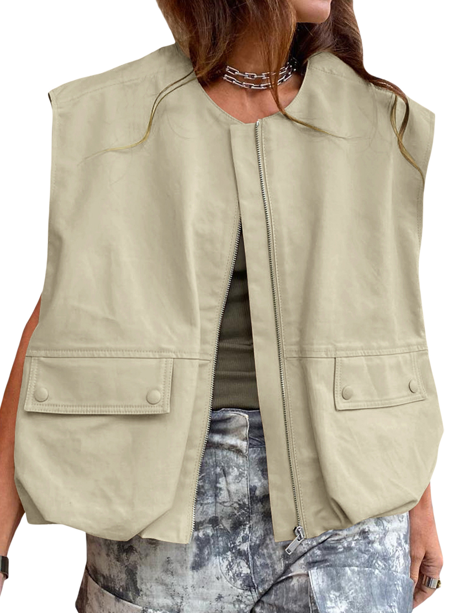 plus size zip loose vest casual sleeveless streetwear cargo Temu