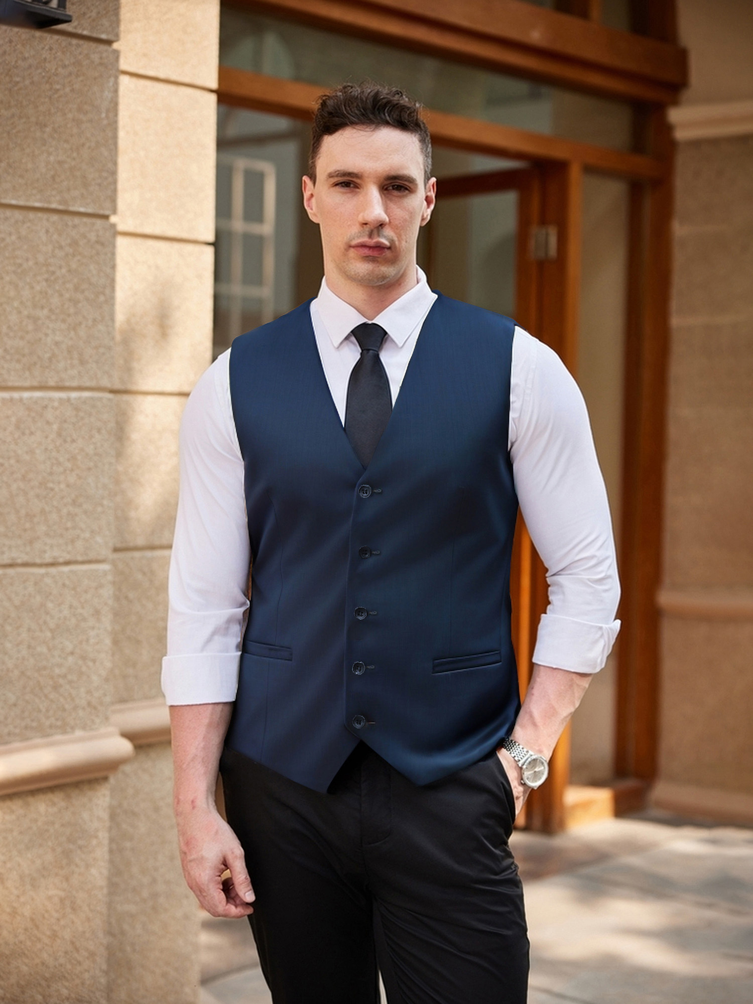 blue dress vest Hisdern Men's Light Blue Satin Suit Vest Formal Wear main image 0