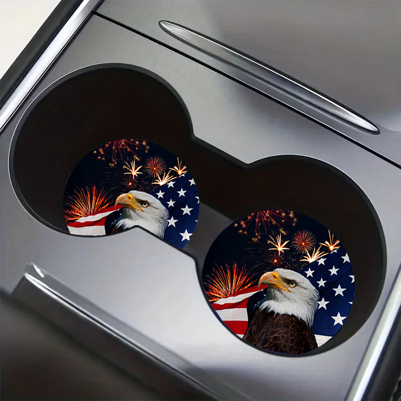 

2pcs Set Patriotic American Flag & Eagle Car Coasters - Easy Clean Synthetic Leather, Enhances Vehicle Interior Decor - Perfect Gift Idea, Fireworks, , Design