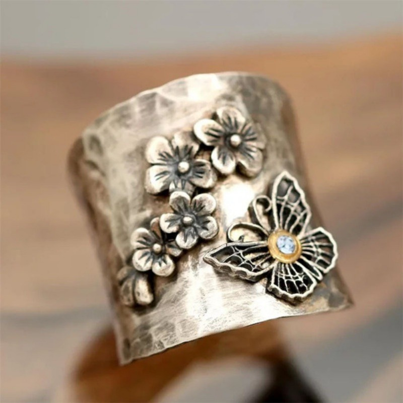TEMU A Simple And Personalized European And American Wide Butterfly Flower Set Engagement Ring Is Perfect For Anniversaries And Birthday Parties