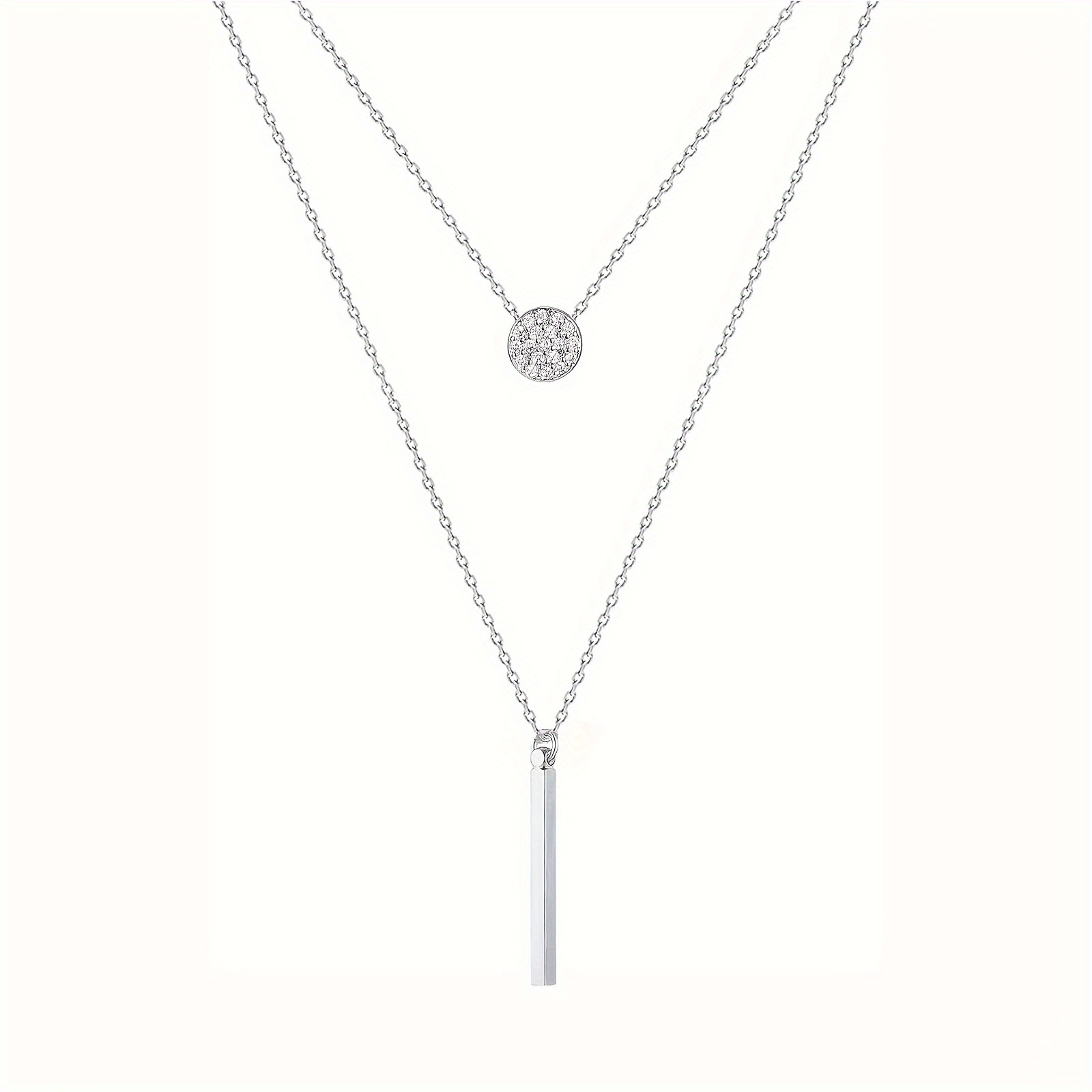 Elegant 925 Sterling Silver Double-layered Necklace With Round Cubic Zirconia Pendant - Y-shape, & Party Wear