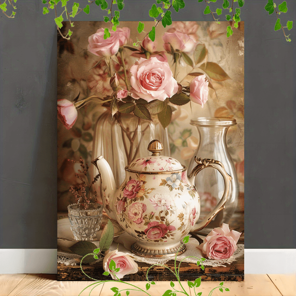 

1 Piece Wooden Frame Canvas Painting Artwork Perfect For Office Corridor Home Living Room Decoration Vintage Teapot With Flower Design, Copper Embellishment, , Glass Vase, Delicate Leaves