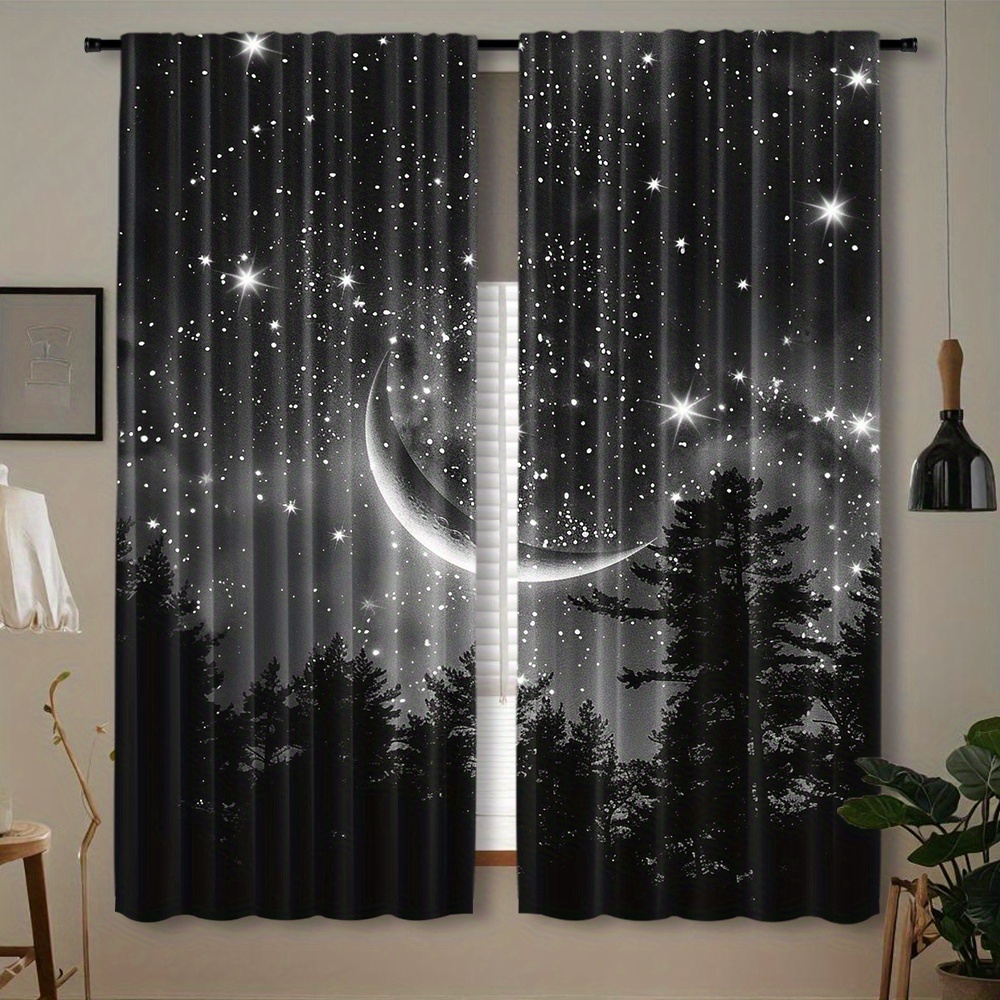 

Starry Night Forest And Moon Print Curtains, 2pcs Polyester Pongee Semi-sheer Rod , Contemporary Bedroom Living Office Decor, Woven Knit Unlined Decorative Drapes, All-season - Machine Washable