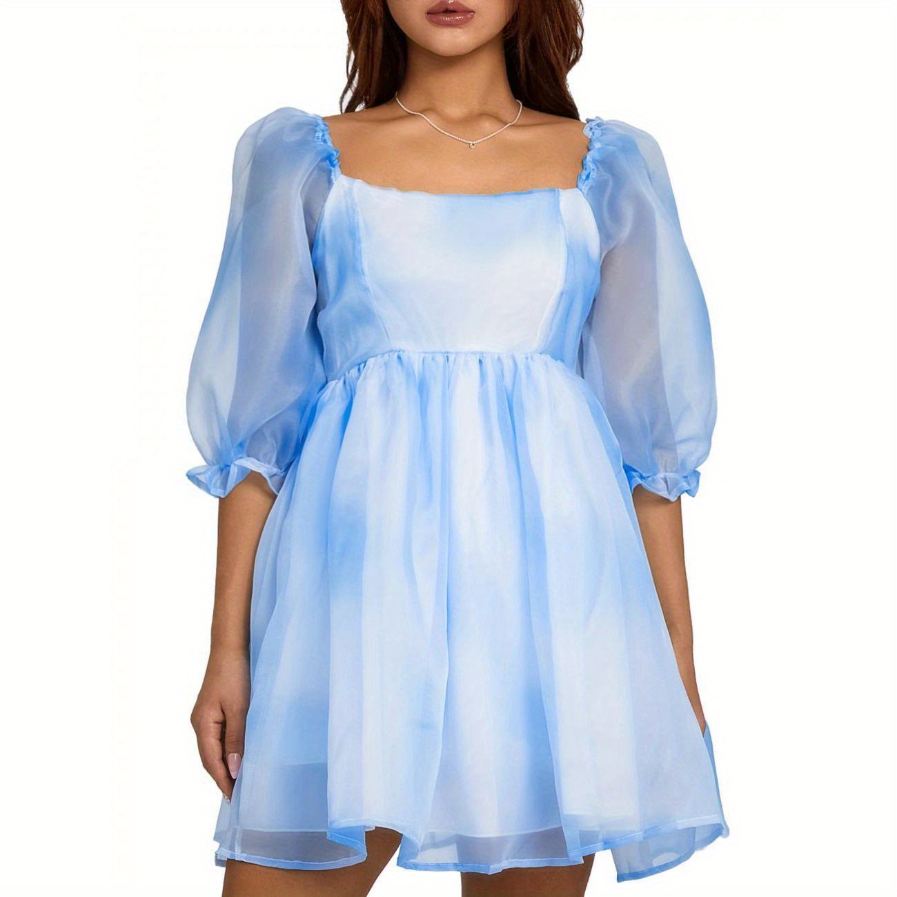 

Women Short Puff Sleeve Big Hem Dress Tie-dyed/solid Square Neck Bubble Party Dress