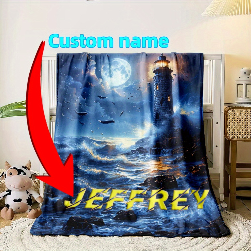 

Customized 1pc Custom Name Atmosphere Lighthouse Soft And Warm Blanket-lightweight Flannel Throw For Sofa, Office, Chair. Camping, Travel, Climbing Flannel Fabric Printing Blankets, Gifts .