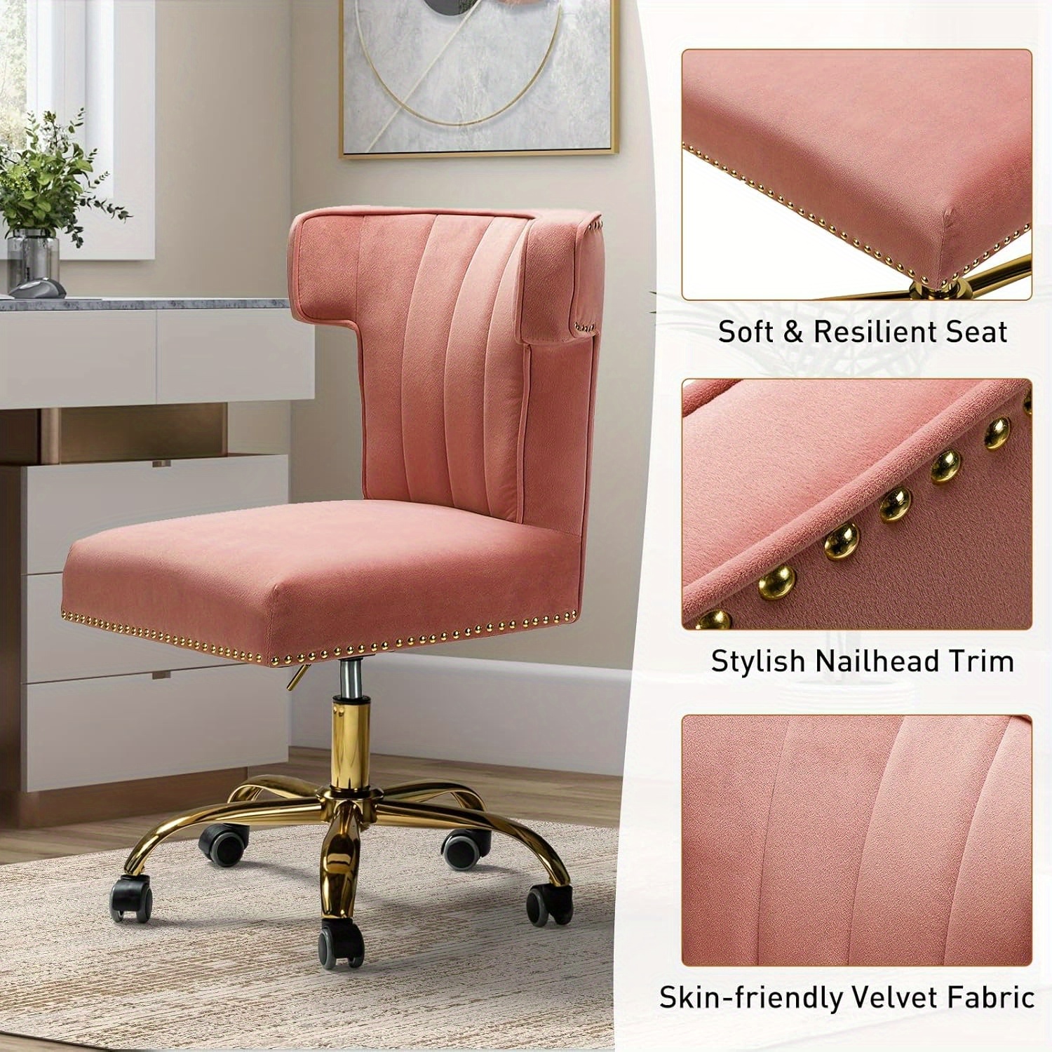 Velvet Office Chair with Wingback and Decorative Adjustable Swivel Modern  Armless Desk Chair, Cute Vanity Chair for Women (Gold Base, Pink) - Main Image