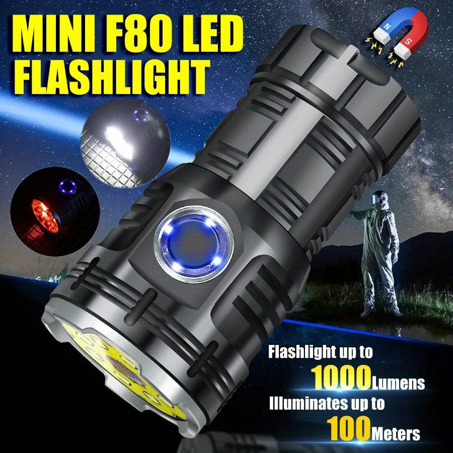 

1pc 8*xpg Led Flashlight Type-c Rechargeable Mini Aluminum Alloy With Tail Magnet Powerful Camping Emergency Lamp