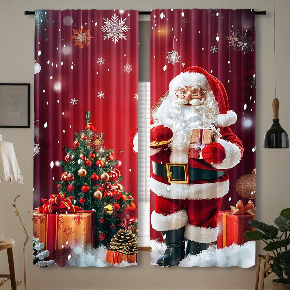 

Santa Claus And Christmas Tree Print Rod Pocket Curtains - 2 Panels, Polyester Pongee Weave, Semi-sheer Contemporary Design, Roller Embossed Drapes For Bedroom And Living Room Decor, Machine Washable