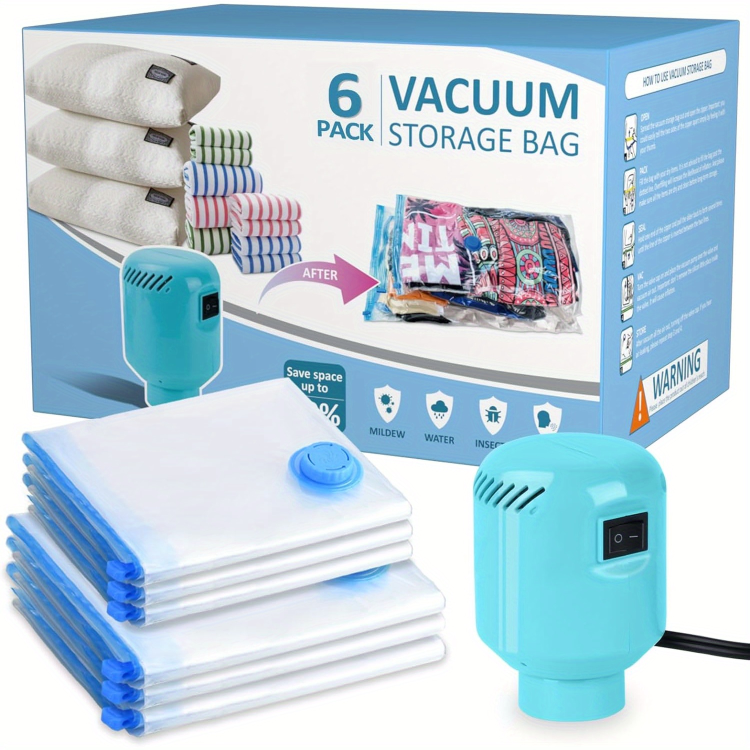 

Vacuum Storage Bags With Electric Air Pump, 6 Pack (3 Jumbo, 3 Large) Fast Deflating Double Zip Seal Space Saver Bag For Clothes, Mattress, Blanket, Duvets