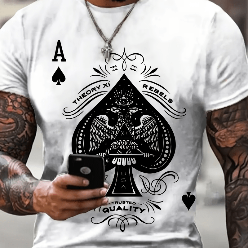 

Men's Graphic T-shirt - Soft Cotton, Breathable & Stretchy Casual Crew Neck Tee With Unique Playing Card Design - Casual Attire & Outdoor Activities, Casual Wear Tee | Casual Shirt | Stretchy Knit Tee