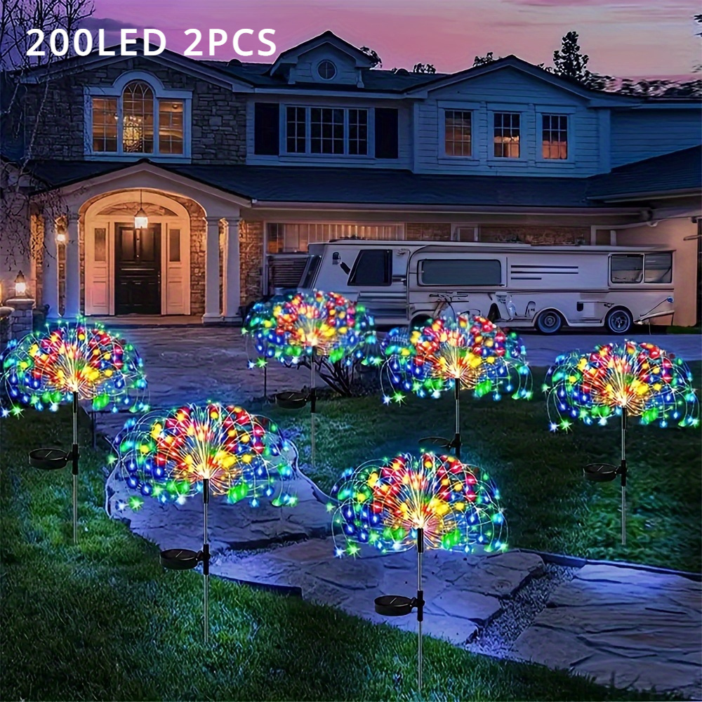 TEMU 2pcs 60/90/120/150/200 Led Outdoor Lights, 8 Lighting Solar Fireworks Lights, Courtyard Garden Landscape Lights, Wedding And Wedding Atmosphere