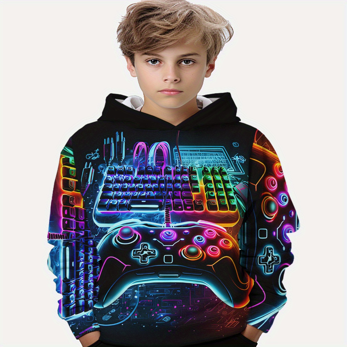 

Colorful Keyboard And Gamepad 3d Print Hoodies For Boys - Casual Graphic Design With Stretch Fabric For Comfortable Spring/autumn Wear