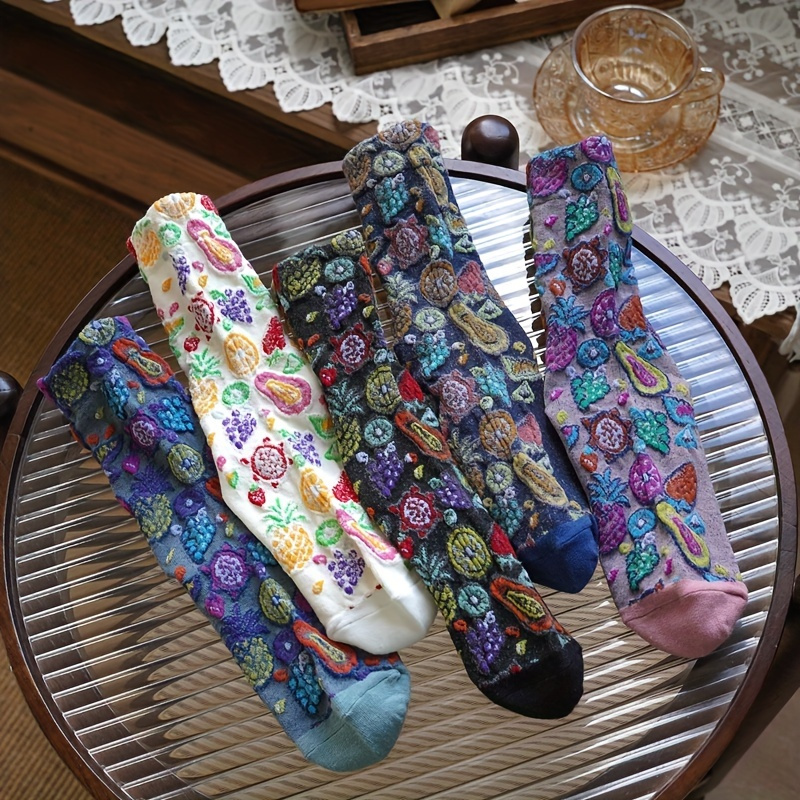 

5 Pairs Of Bohemian Ethnic Socks - Textured, Mid-calf, Soft & Comfortable, Fashionable Vintage Style - Womens , 5