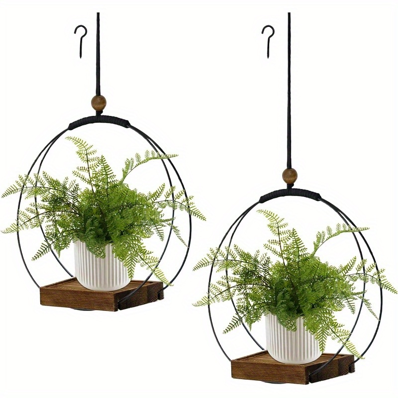 

2pcs Chic Hanging Planters With Sturdy Wood Base - Modern Macrame Wall & Ceiling Decor For Indoor Plants, Christmas (plants/pots Not Included), Artificial Plants For Home Decor