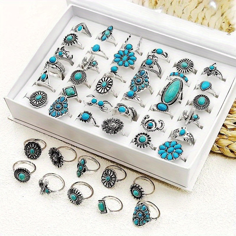 

Bohemian Vintage Turquoise Ring Set For Women, 10/20pcs, Ethnic Antique Silver Alloy Casual Style Combination, No Mosaic Or Plating, Flower & Teardrop Stone Rings, Party Gift Jewelry Collection