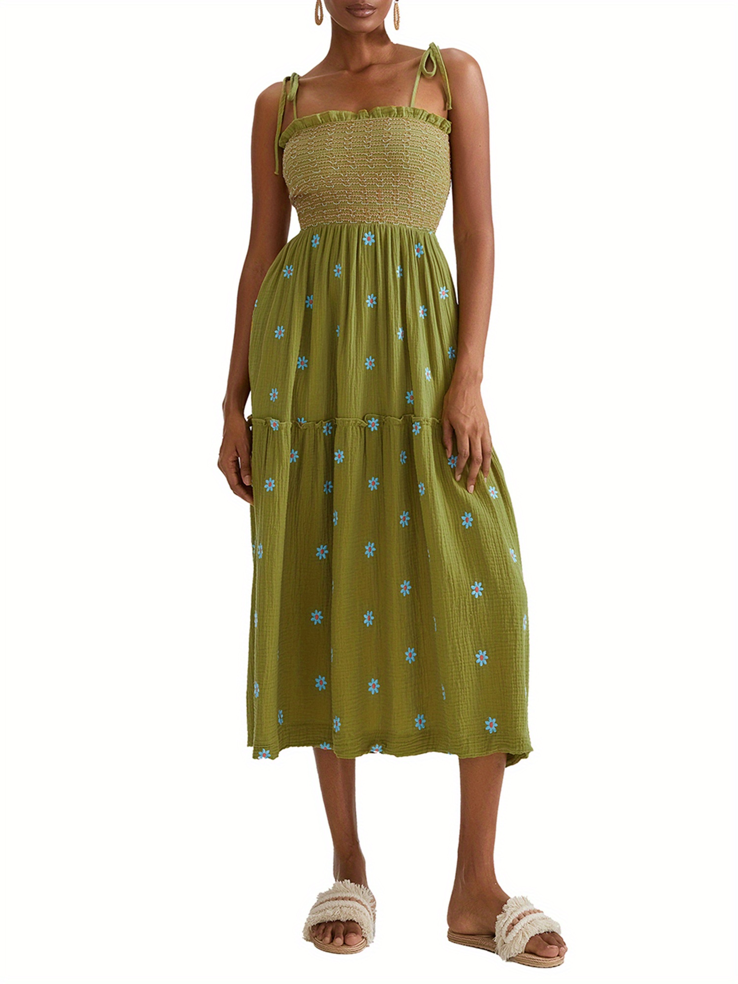 embroidered blossom tiered midi dress Pellagia Embroidered Eyelet Tiered Midi Dress