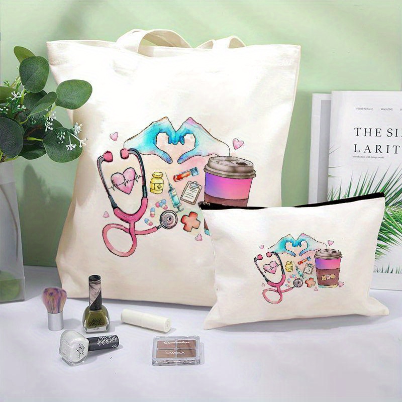 

Nurse-themed Canvas Tote Bag Set With Matching Zip Pouch, No-closure Top, Positioning Print Design, Gift-friendly - 2 Pcs