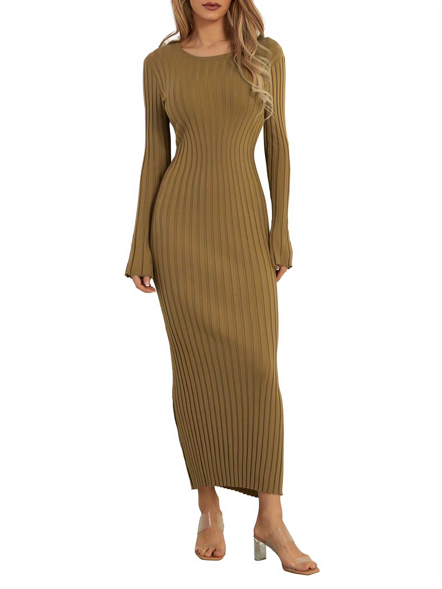 elegant ribbed knit midi dress women long sleeve crew neck - Temu