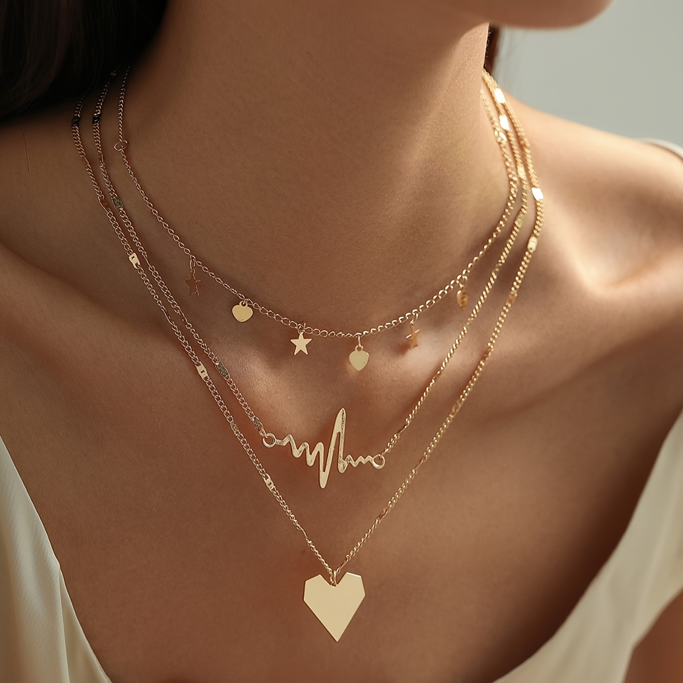 

3pcs/ Set Love Heart Electrocardiogram Shape Pendant Clavicle Chain Elegant Multi-layer Necklace For Daily Party Decoration