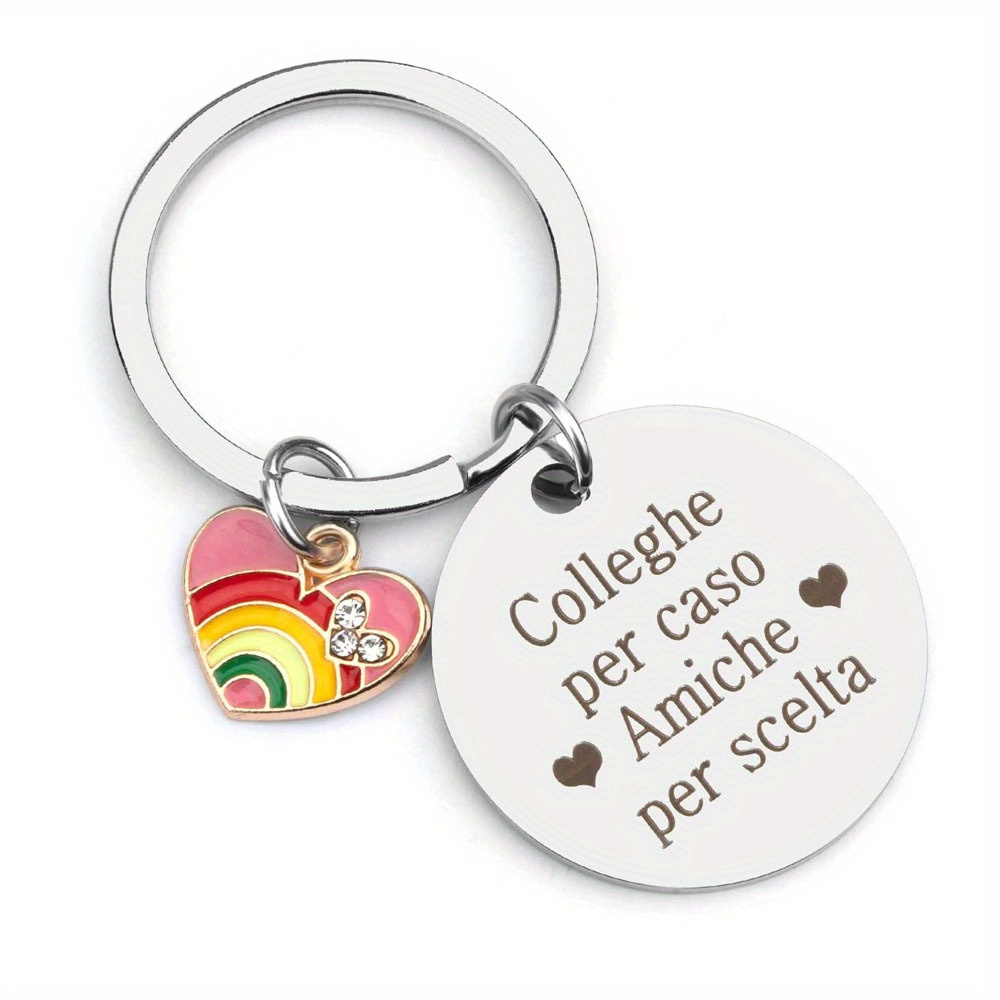 

Fashionable Stainless Steel Keychain With Italian Engraved Message And Rainbow Heart Charm - Colleghe Amiche Dual-heart Keyring, Ideal Gift For Best Friend Or Colleague