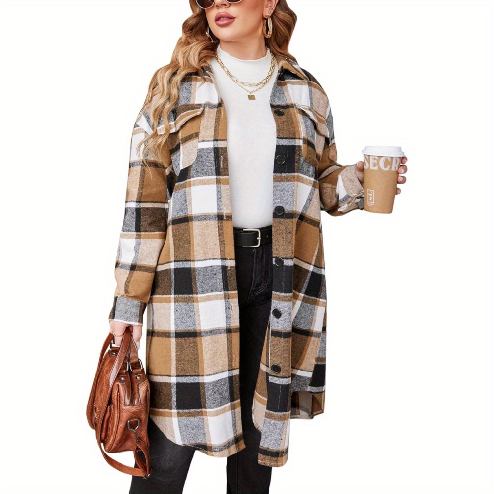 

Womens Plus Size Flannel Plaid Shirts Long Sleeve Lounge Lapel Boyfriend Button Down Tartan Long Jacket Coats