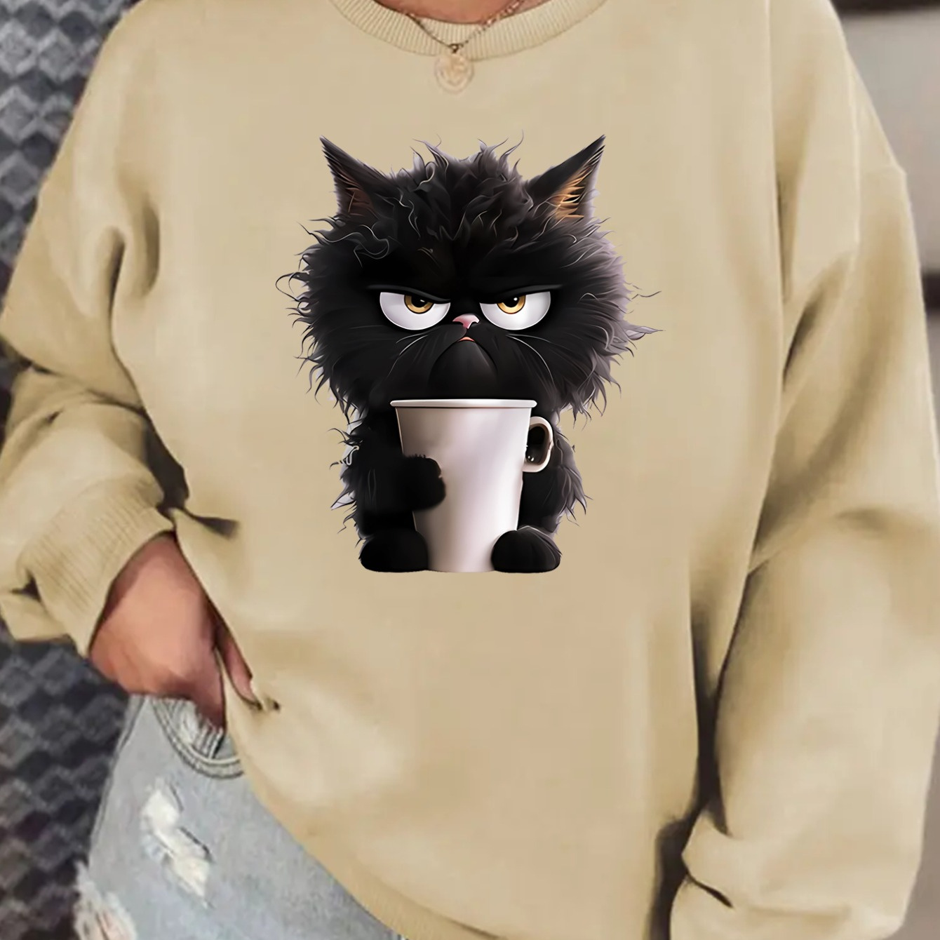 

Sweat-shirt décontracté pour femme avec motif de chat de dessin animé, épaissi avec de la peluche, pull-over pour l'automne et l'hiver