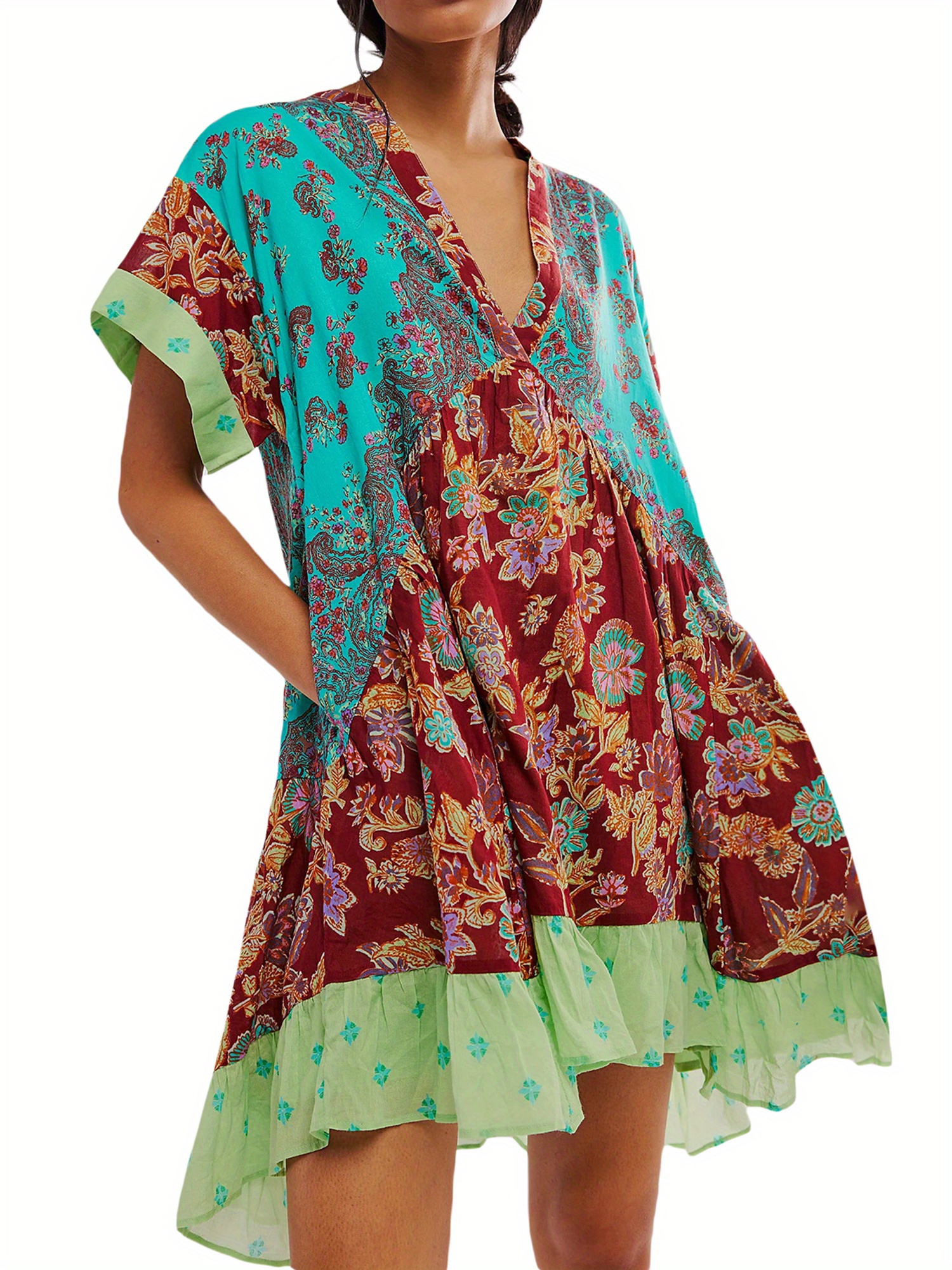 women's bohemian floral print babydoll dress - short sleeve v-neck dress  with pockets, lightweight & breathable for casual | Today's Deals | Temu