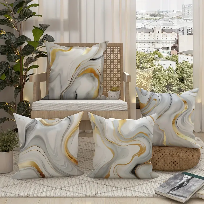 4pcs modern minimalist marble gray golden throw pillow covers century decor cushion covers elegant marble pattern in white gray golden for living room bedroom sofa bed home decor accent pillows 18x18 inch 45x45 care polyester fabric pillows for couch bedroom accessories contemporary design textured finish decorative pillows interior designers sofa accessories durable material decorative Product details 3