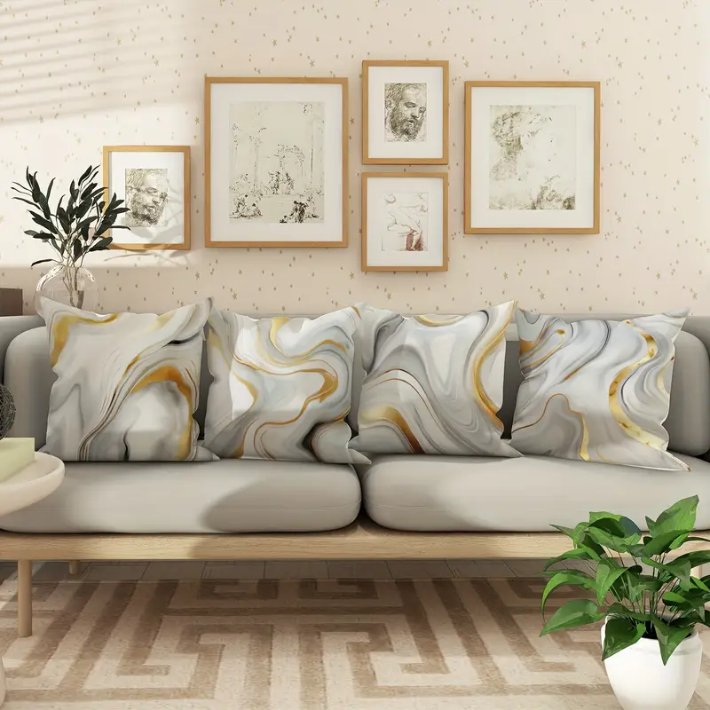 4pcs modern minimalist marble gray golden throw pillow covers century decor cushion covers elegant marble pattern in white gray golden for living room bedroom sofa bed home decor accent pillows 18x18 inch 45x45 care polyester fabric pillows for couch bedroom accessories contemporary design textured finish decorative pillows interior designers sofa accessories durable material decorative Product details 5