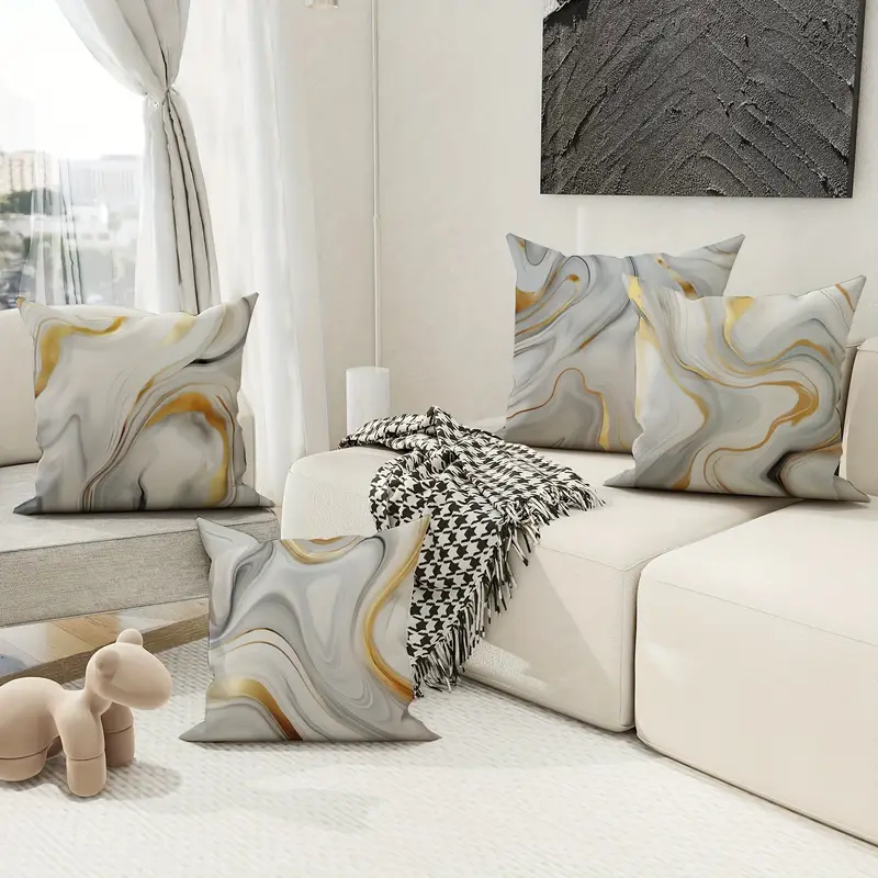 4pcs modern minimalist marble gray golden throw pillow covers century decor cushion covers elegant marble pattern in white gray golden for living room bedroom sofa bed home decor accent pillows 18x18 inch 45x45 care polyester fabric pillows for couch bedroom accessories contemporary design textured finish decorative pillows interior designers sofa accessories durable material decorative Product details 4