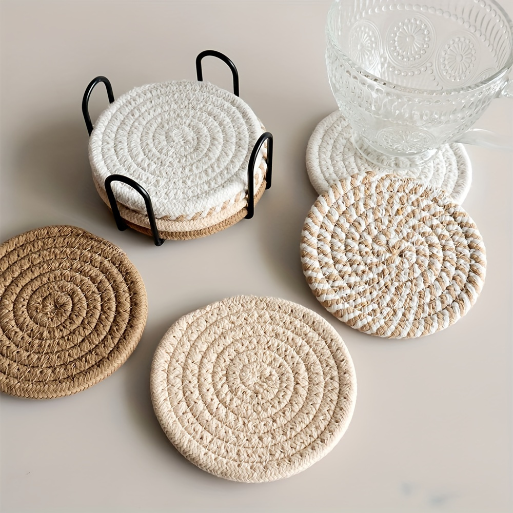 

4-piece Set Absorbent Drink Coasters: Minimalist Cotton Fabric Coasters With Non-woven Lining For Coffee Table Home Decor, Bar Housewarming Gift - Brown Series