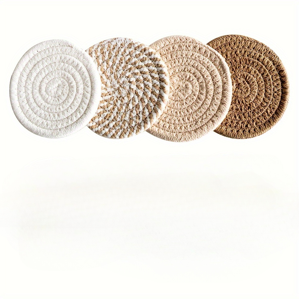 TEMU 4pcs Brown Series Absorbent Polyester Drink Coasters, Hand-woven Rope, Non-woven Lining, Minimalist Home Bar Decor, Coffee Table Accessory, Housewarming Gift