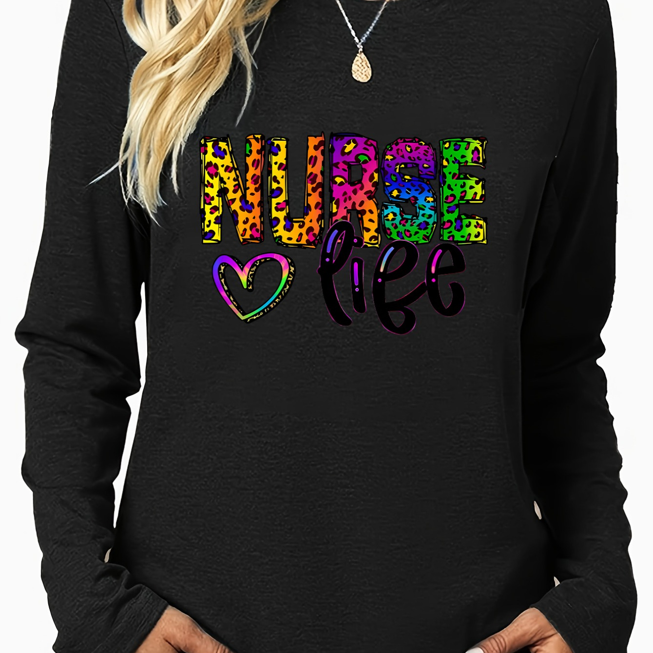 

Women's Casual Long Sleeve T-shirt, Letter Nurse Print, Light Stretch, Machine Washable, Crew Neck