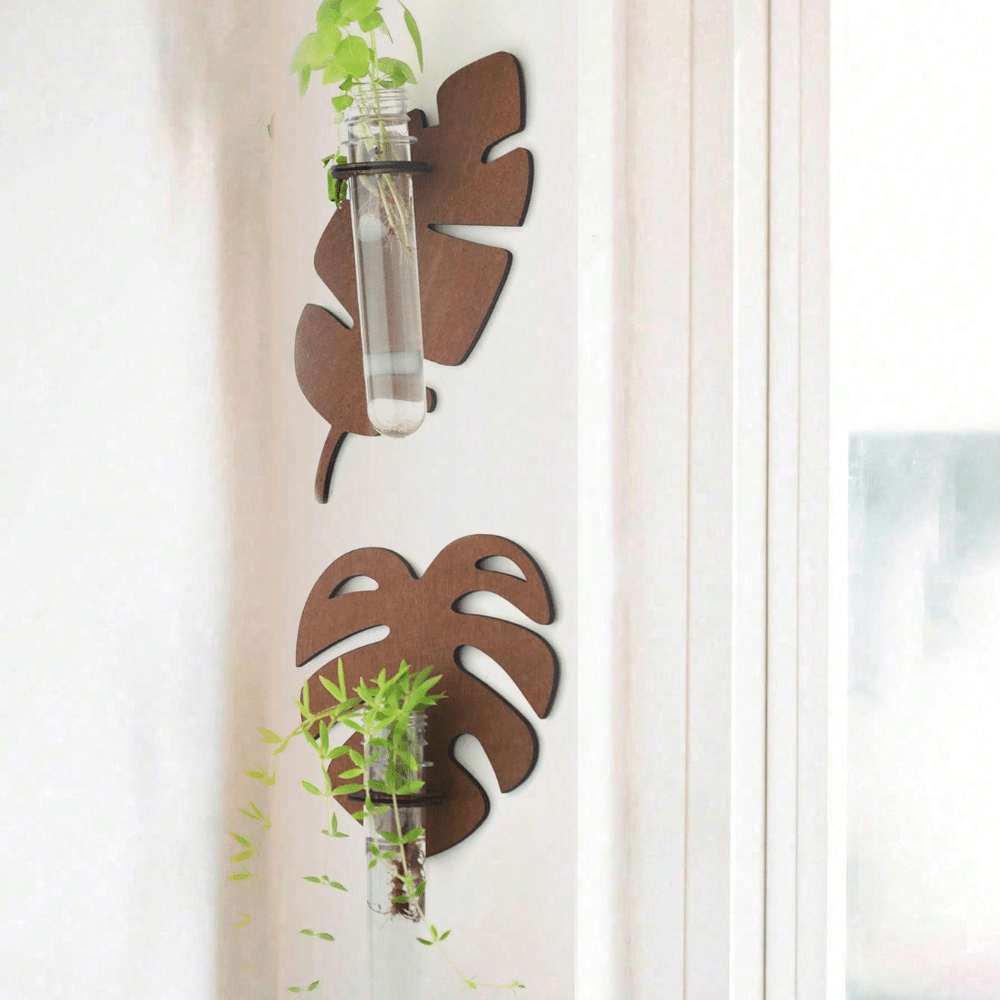 

2 Pieces Bohemian Leaf-shaped Wall Planters: Modern Indoor Plant Hangers With Wooden Supports And Clear Glass Tubes - Home Office Or Wall Decor