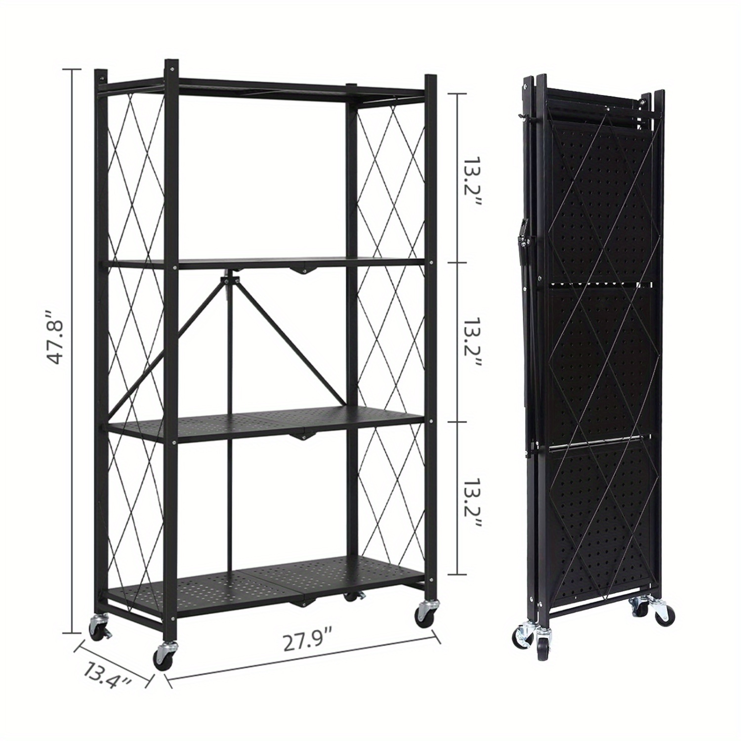 

Sturdy 4-tier Metal Shelving With Hooks And Wheels, 27.95"x14.96"x49.61", Foldable Storage Rack, Easy To Organize, Kitchen Or Garage Use Folding Shoe Racks