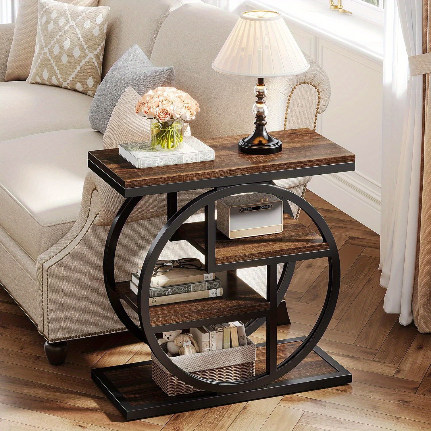 TEMU 4-tier Narrow Side Table With Storage Shelves, End Table For Living Room, Wood Sofa Side Table With Geometric Metal Frame, Industrial Bedside