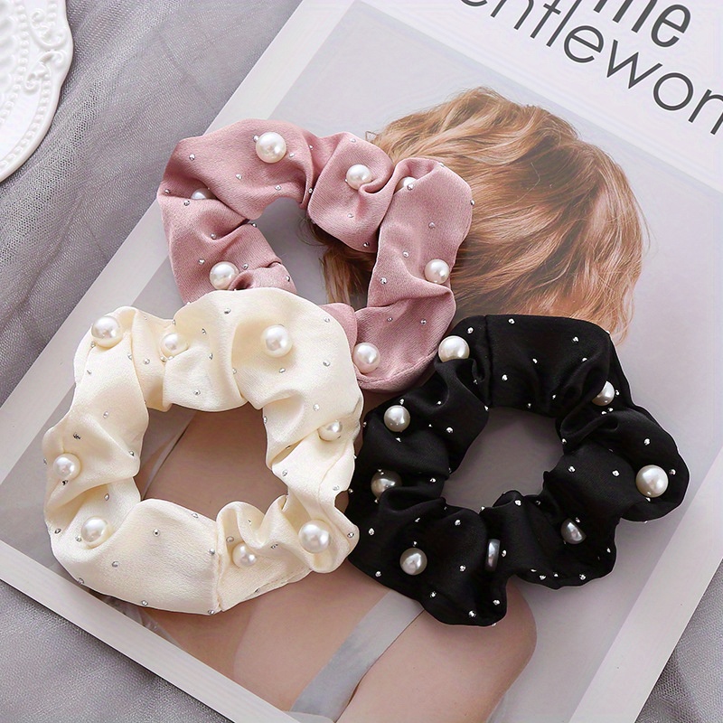 

14+ Age Fabric Pearl Embellished Hair Ties - Set Of 3 Minimalist Solid Color Hair Rings With Pearls For Women' Hairstyles