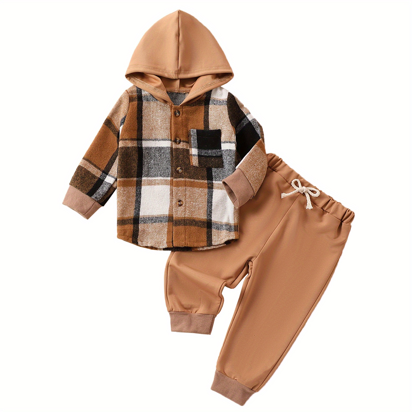 

3 Months-5 Years Toddler Baby Boys Fall Outfit, Long Sleeve Hooded Plaid Jacket With Elastic Waist Pants Clothes Set