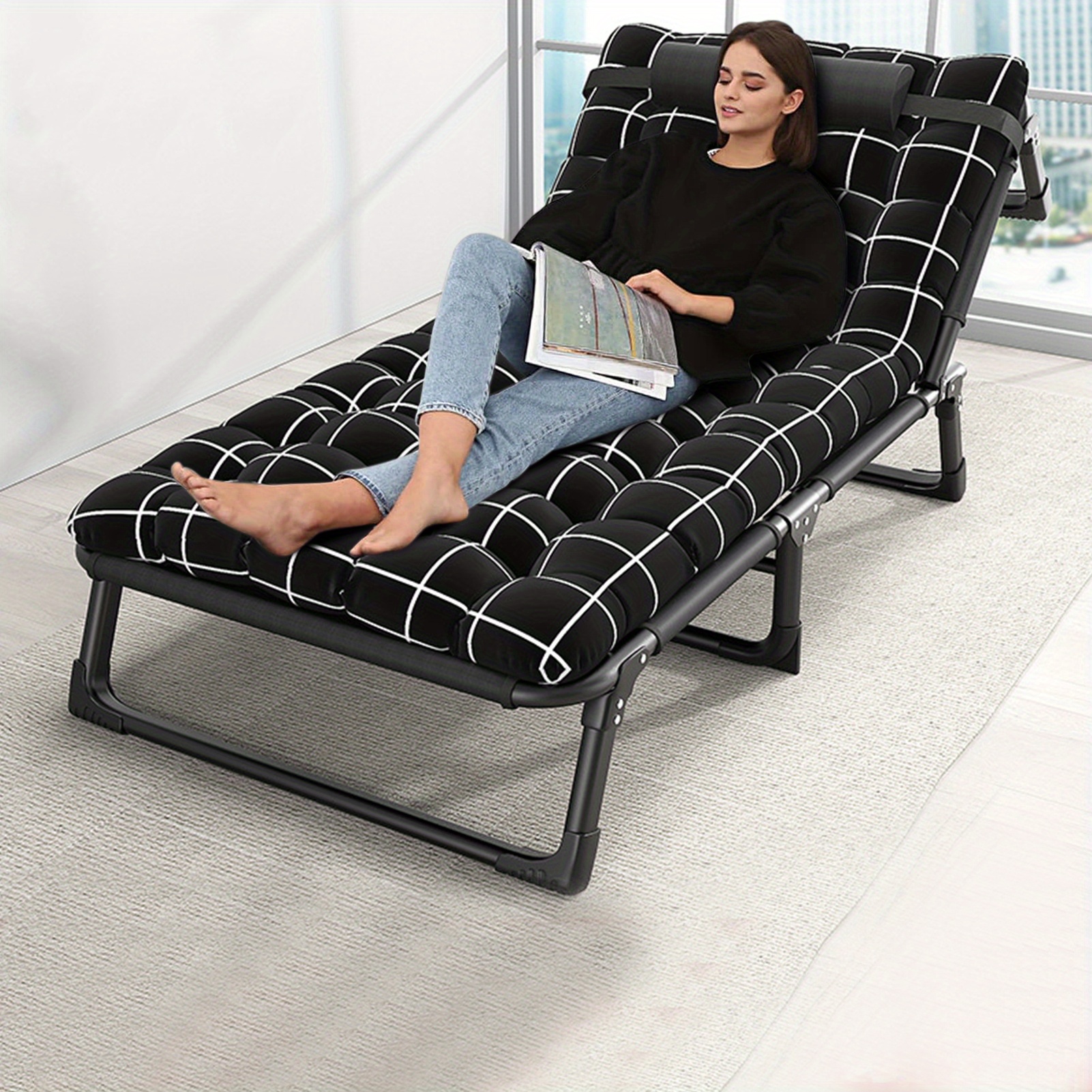 folding lounge chair for adults with adjustable reclining     a pillow ideal for outdoor use at the office pool beach or patio
