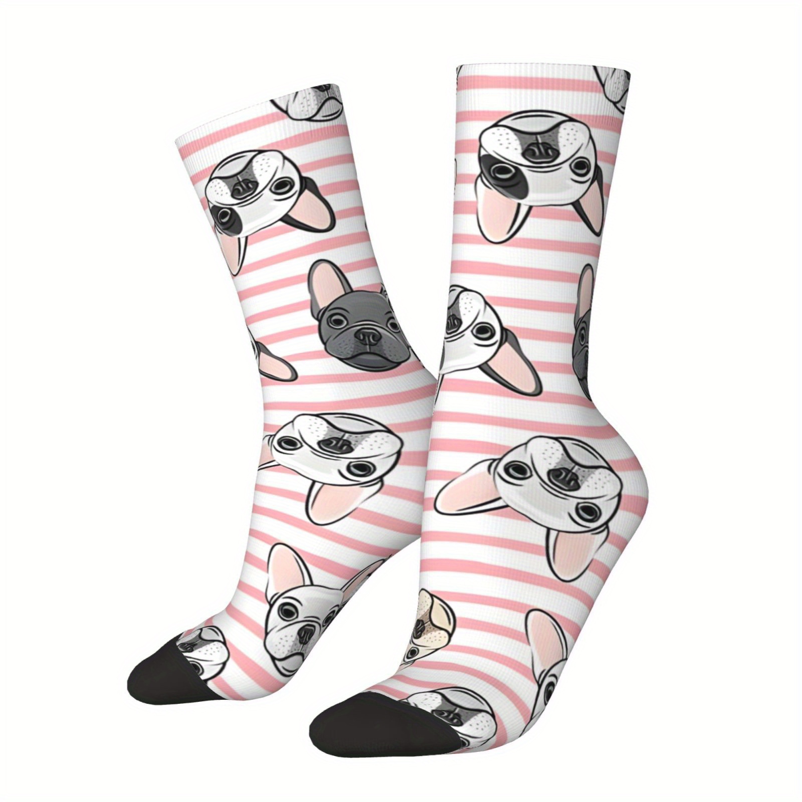 

1 Pair Men's Knee-high Socks With French Bulldog & Pink Stripes - Breathable Polyester , Fit For Sports & Casual Wear - Unique Hip Hop Style Gift, Cute Socks