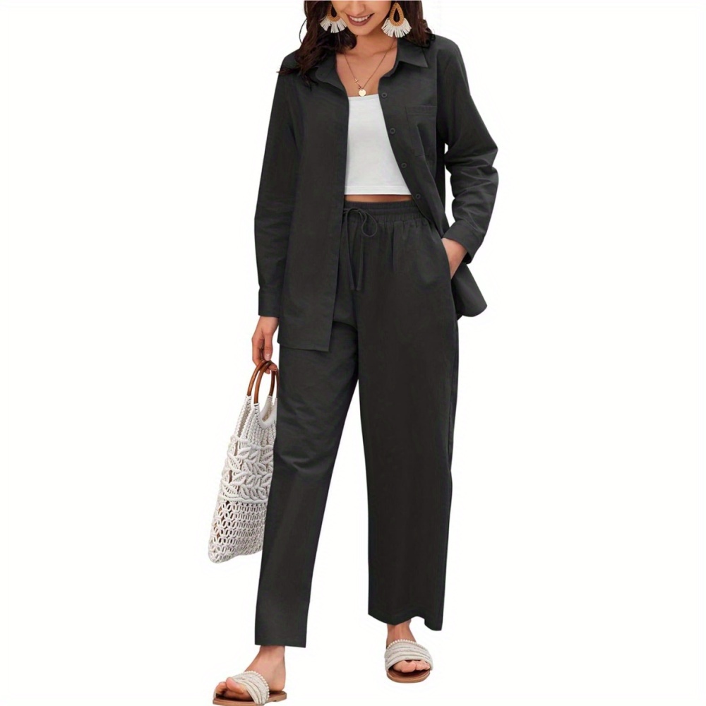 

Women Linen Suit 2 Piece Outfits Summer Beach Linen Shirt And Pants Set